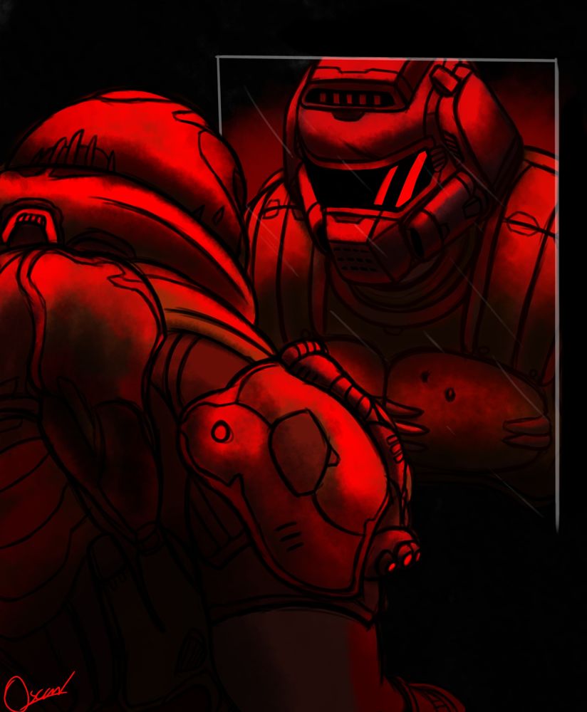 Doom Slayer stares at a mirror of his past self