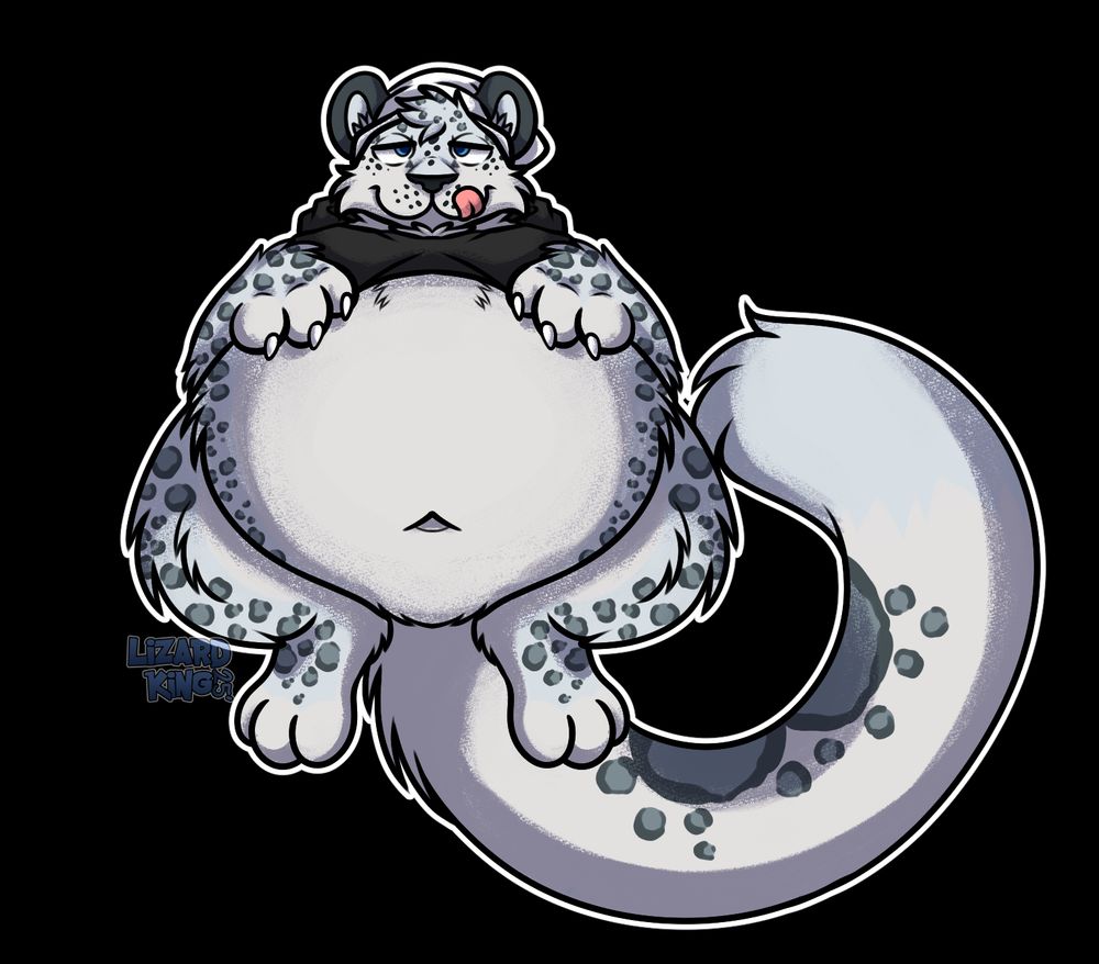 Round and stuffed snow leopard licking his lips and looking content as he rests his paws on his big belly