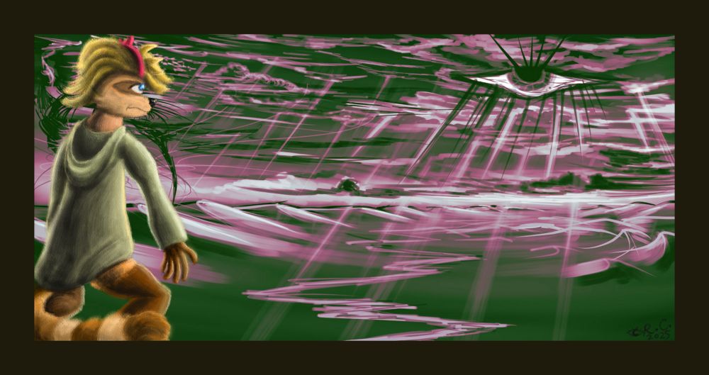 An anthropomorphic raccoon wearing ancient robes oversees the farlands beckoned by the sacred eye.