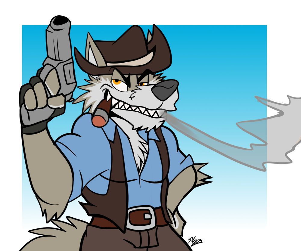 A cartoony anthropomorphic cowboy wolf poses with a cocky grin & smokes