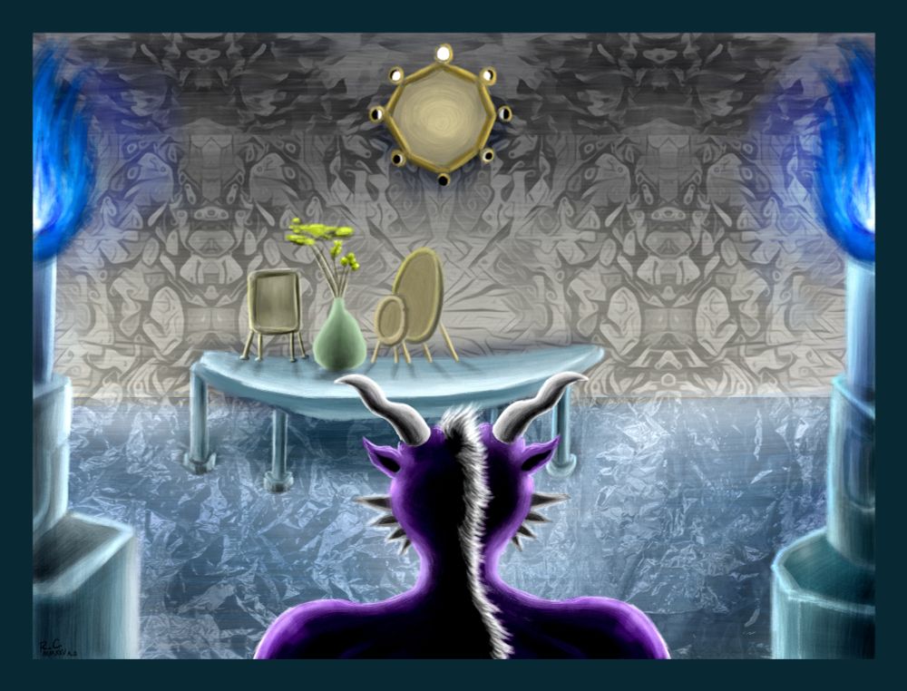 An anthropomorphic lunar skydragon looks at an intangible glimpse of a side of his old bedroom from a long time ago.