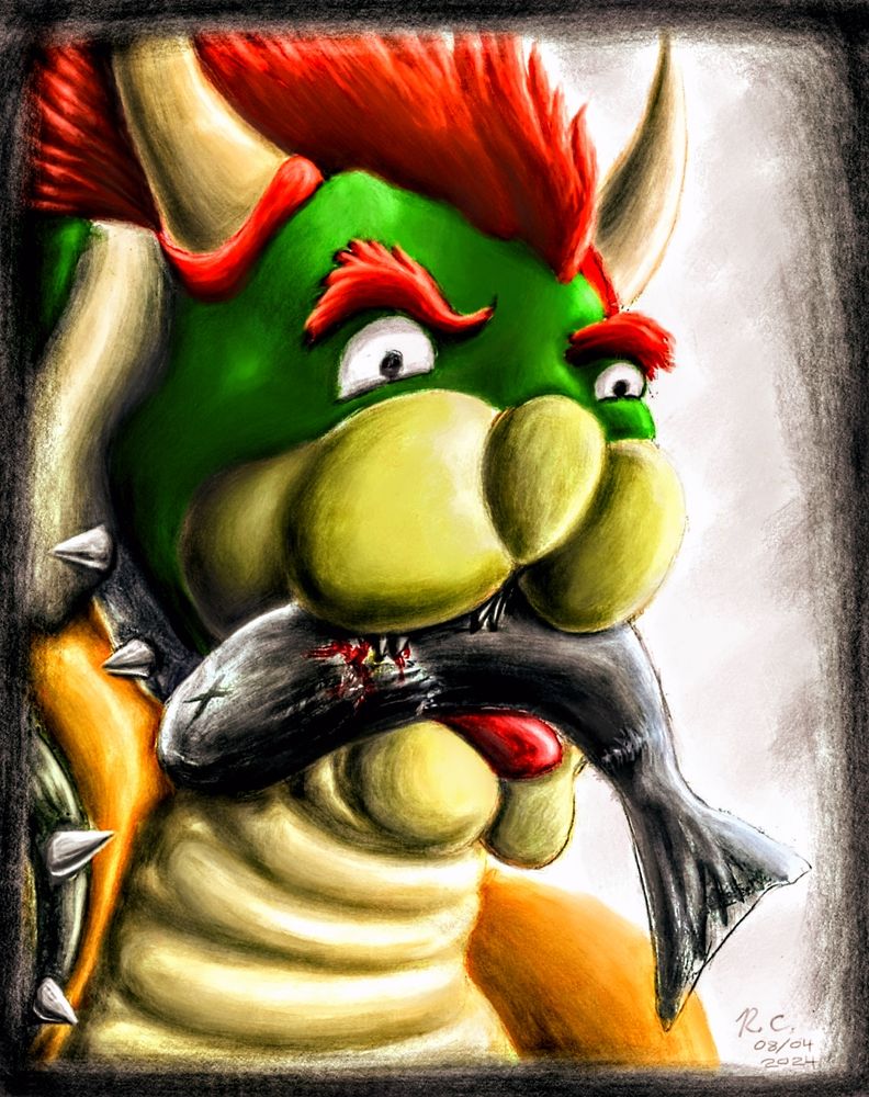 Bowser chomping on dead fish in an scruffy digital painting rendered