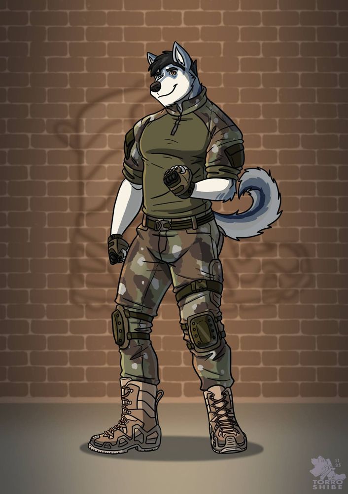 An anthropomorphic siberian Husky in tactical attire poses in confidence.
