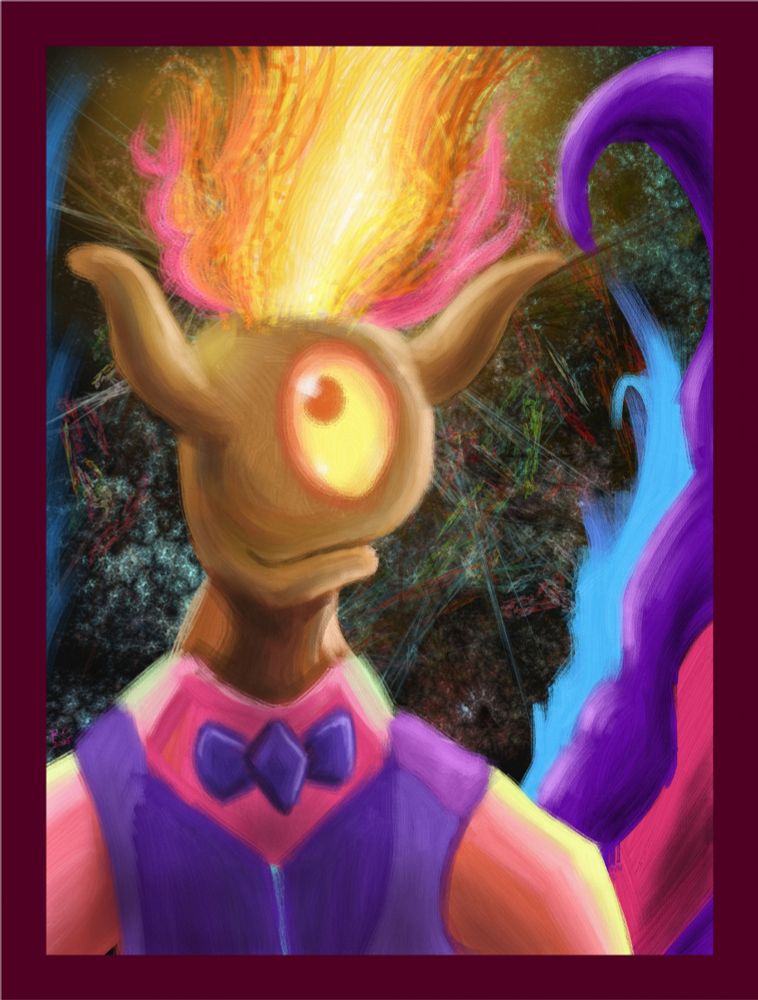 Flamey creature in front of an abstract portrait