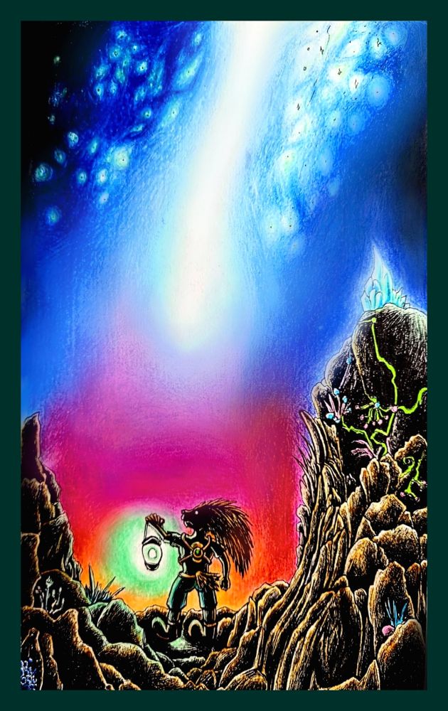 An anthropomorphic porcupine holding a lantern lit with cyclopean pyrokinetic energy while standing and venturing out in search of something.