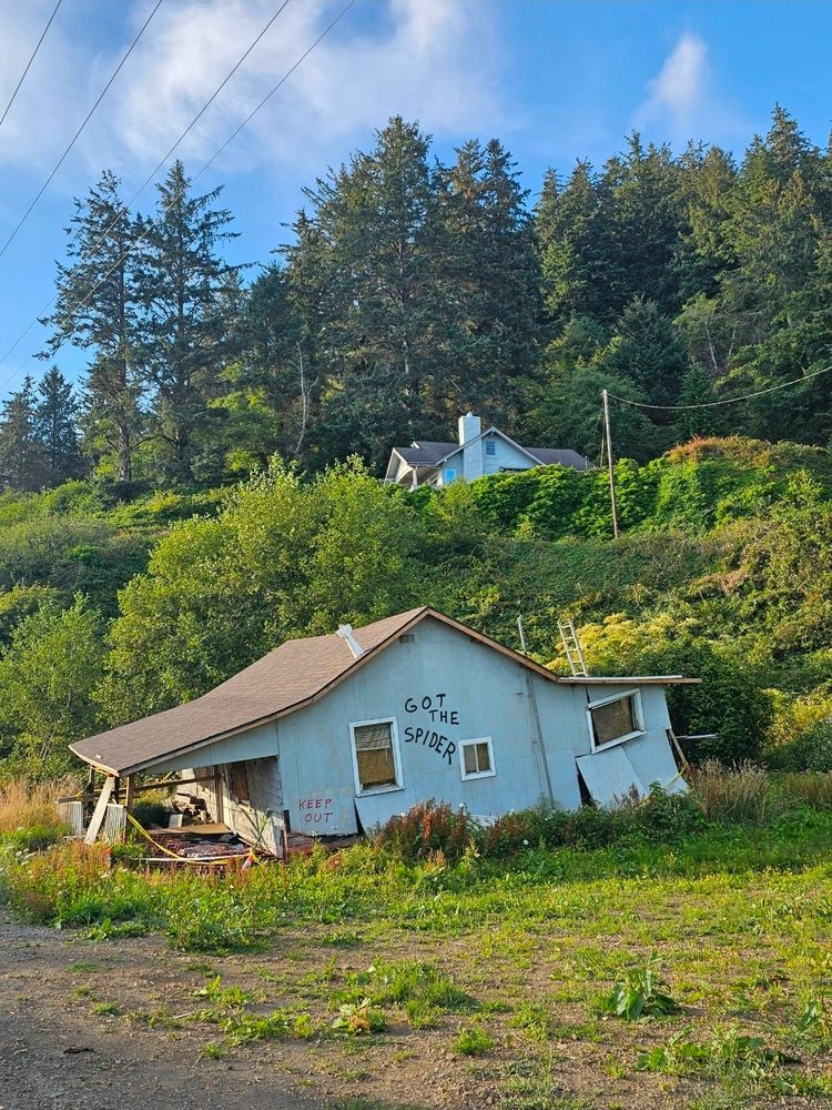 A picture of a light blue wooden house that is collapsing on itself at the base of a green hill. Words on the side of the house say KEEP OUT and GOT THE SPIDER. Photo taken by Pez Petrichorca in Oregon, August 2024.