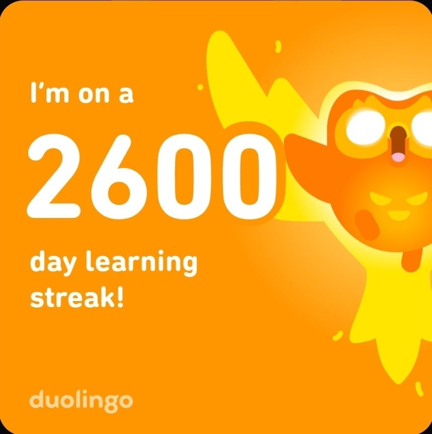 Duolingo image showing a 2600-day streak.