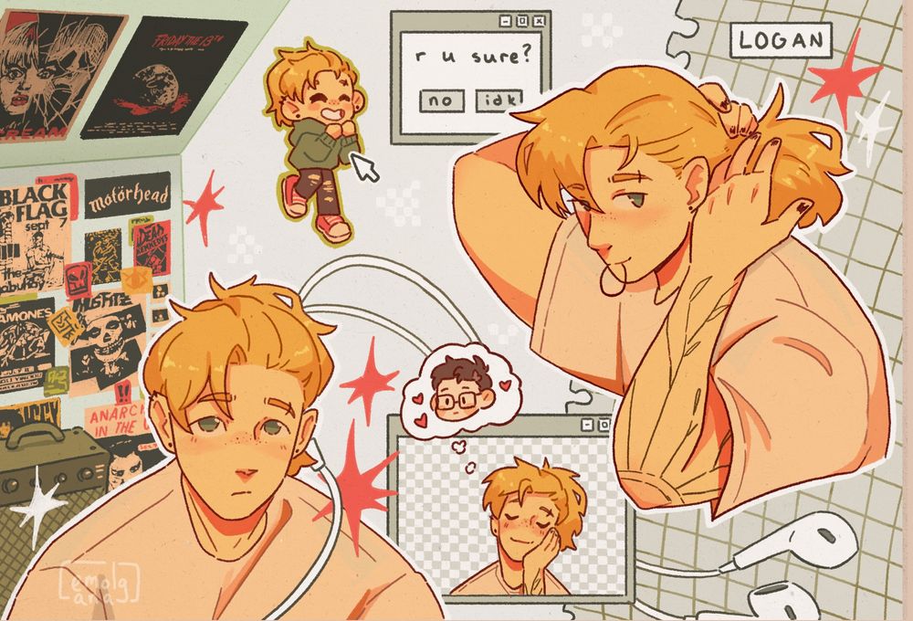 digital art spread featuring my oc logan in various poses. the background includes a wall covered in punk rock posters and a guitar amp, as well as computer/technology motifs. 