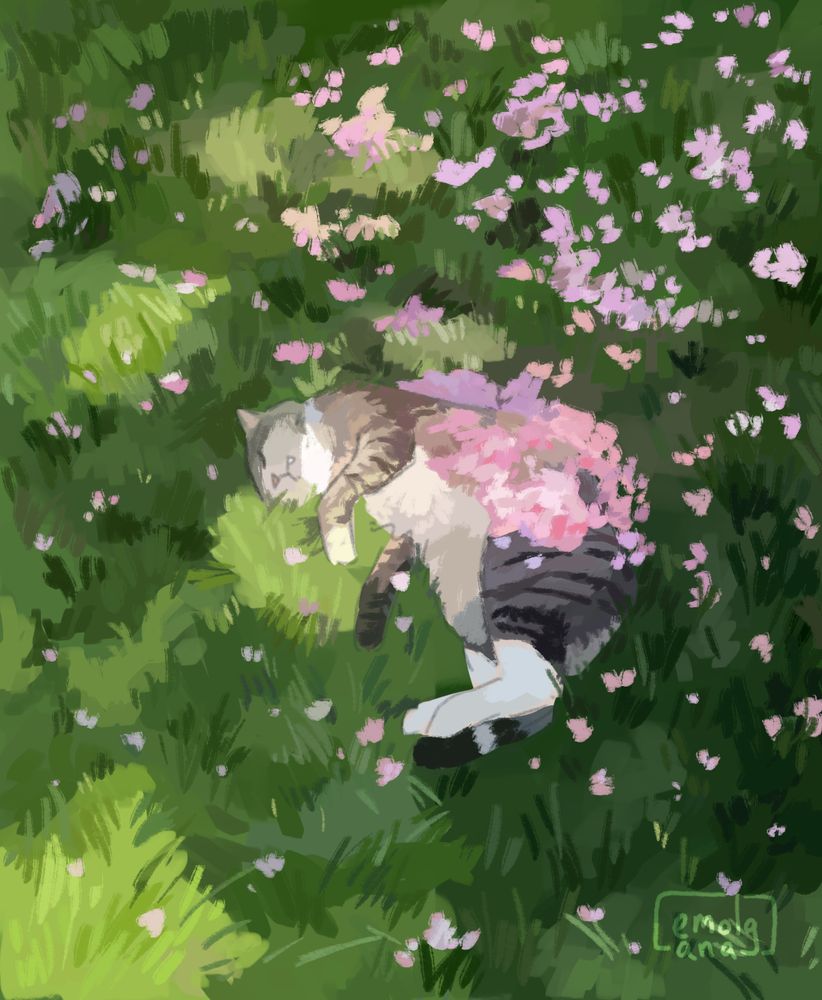 digital painting of a cat napping in the grass surrounded by flower petals