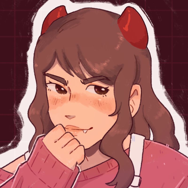my current pfp, where i've edited the recent one to have devil horns, fangs, and a mischievous expression 