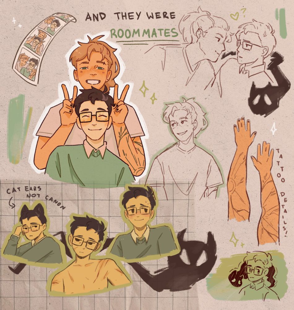 sketch page of my two oc’s, in various states of being colored 