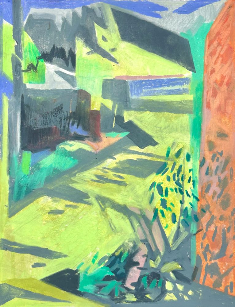Abstracted colour drawing on paper; light and shadow across; Pattern and colour suggesting plants and architectural forms. 