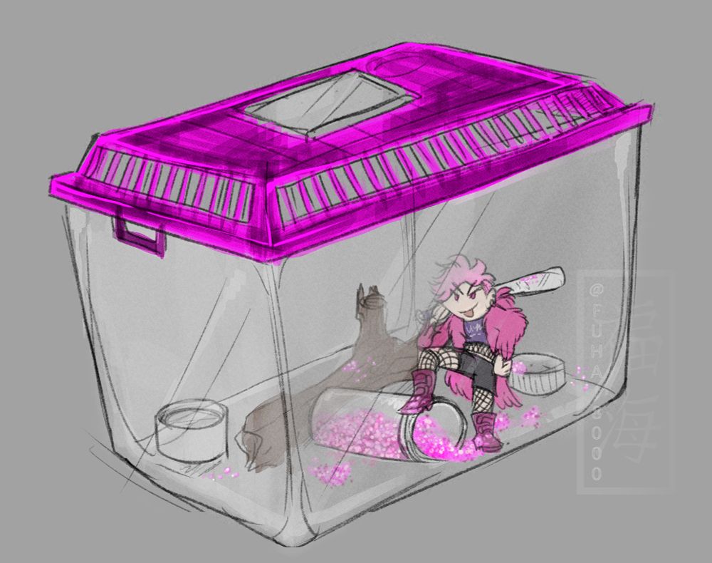 In a very bright pink critter keeper is a a very bright pink character. He has knocked over a bottle of glitter and rests a baseball bat on his shoulder.