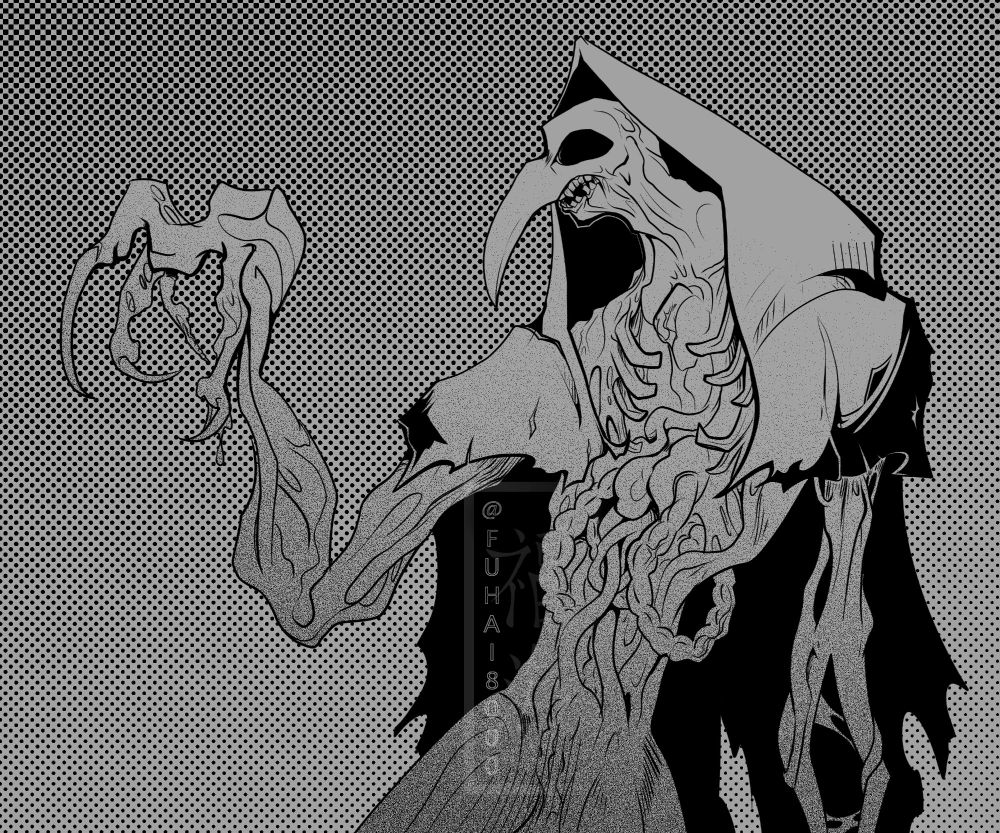 A black and white drawing of an entity in a tattered robe. While humanoid in shape it has the appearance of something flayed with flesh and organs protruding and twisting in nonsensical ways. In place of a face is a bird skull-like mask.