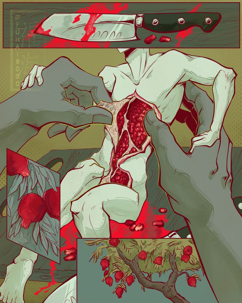 An illustration of a figure being pried open by a set of anonymous hands. In place of gore, their insides are an array of pomegranate seeds. There are vignettes of pomegranates and a knife covered in red framing the figure.