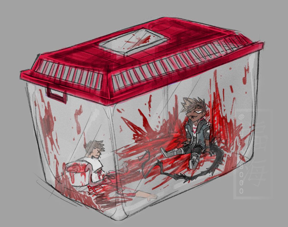 Drawing of a critter keeper with a red lid. There is blood splattered all over the inside, covering every face of the box. The culprit of the mess sits contently with a slightly smug look.