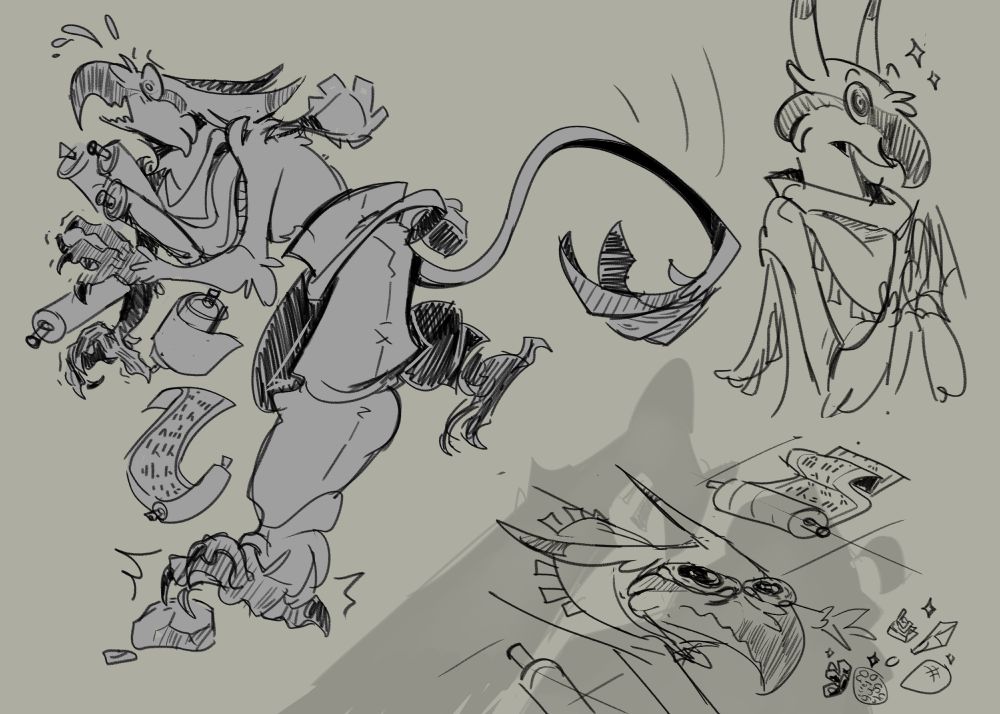 A sketchpage of an anthropomorphic bird-like character. In the leftmost drawing he is dropping a bunch of scrolls while hitting his foot on a rock. The bottom sketch he is drawn very poorly on the ground crying with his scrolls and a collection of rocks scattered around him. The last drawing is unrelated to the other two. He is simply excited about something.