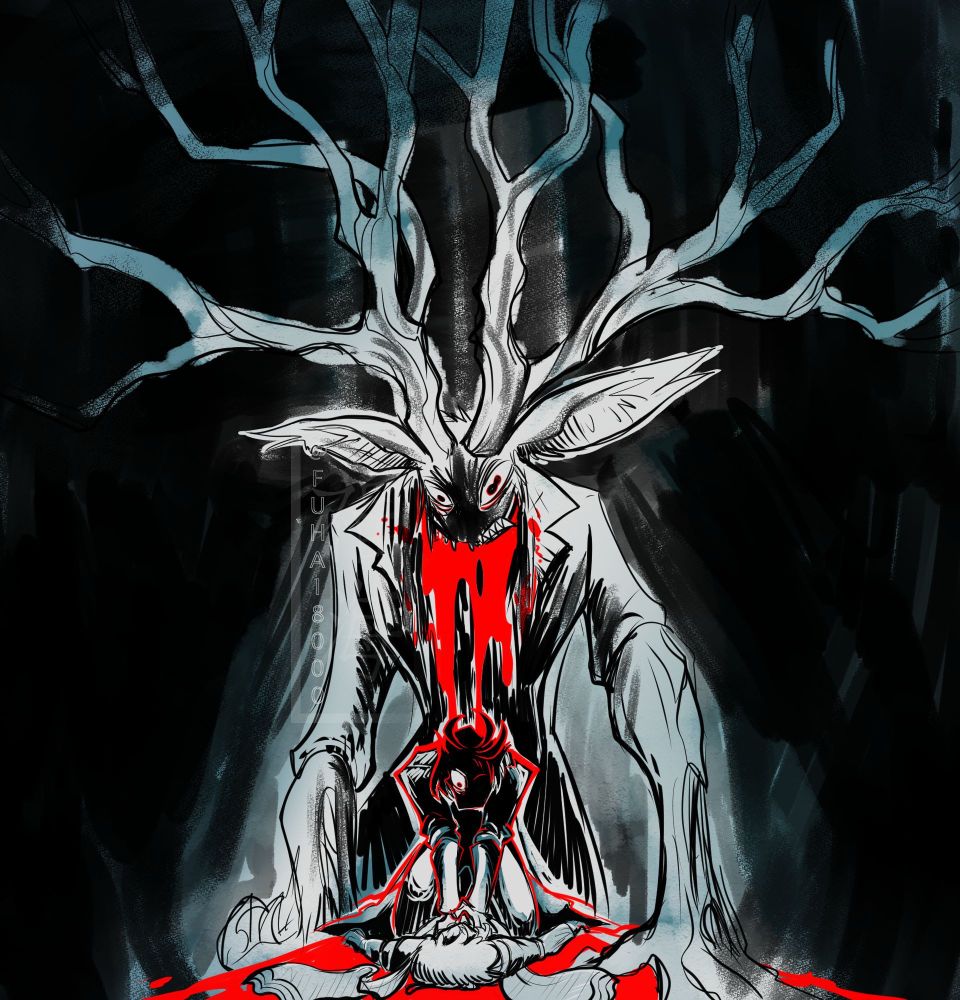 A black and white drawing with red accents. The background is pitch black and three figures are drawn in a sketchy scrawl. One of these figures sits atop the other while strangling them. His face is mostly obscured in darkness. In the background the third looming figure is a gigantic jackalope-like monster with red oozing from its throat down into the rest of the drawing. 