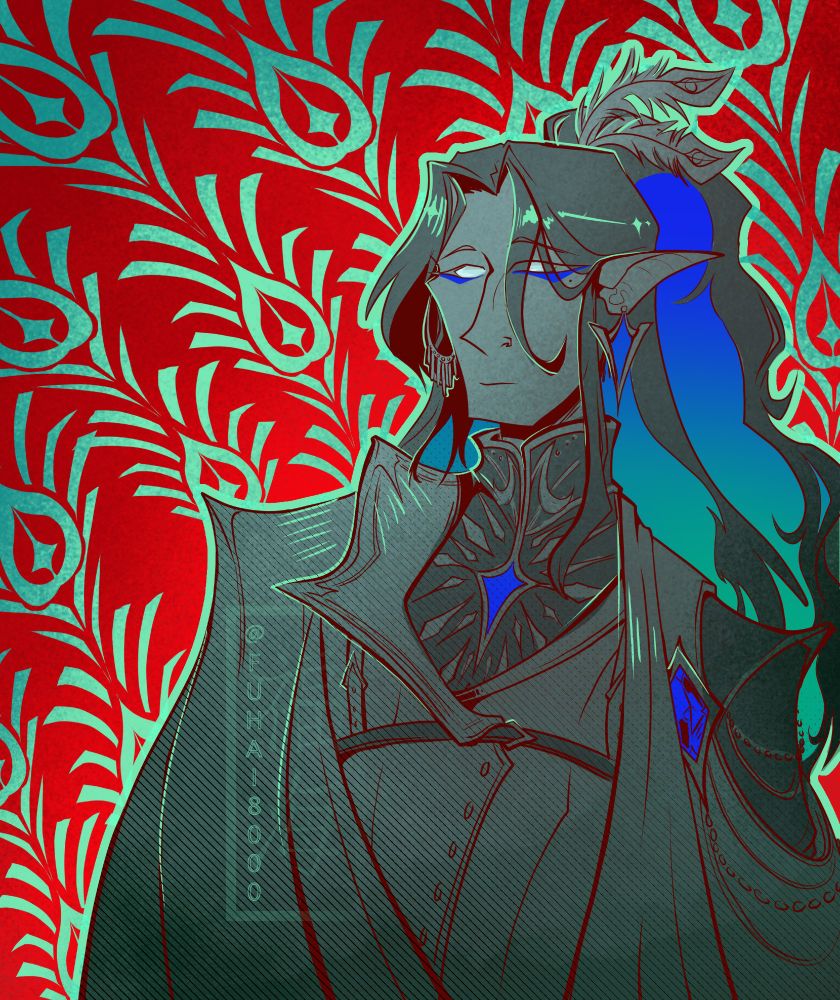 A red, blue, and teal portrait of a man dressed in intricate dress-wear. His eyes are pale white with no iris or pupil and he wears his hair in a long ponytail that's two toned. The background is a peacock feather-like pattern and four pointed stars repeat through out the drawing. 