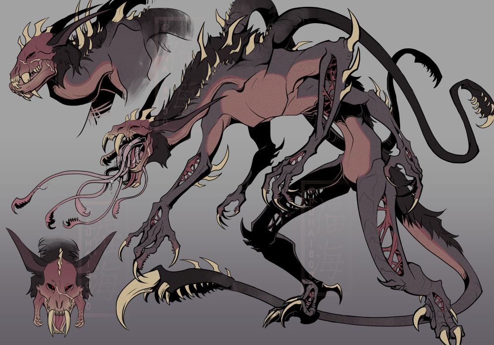 A drawing of the Slayer from Baldur's Gate 3 but redesigned to fit its player character better. It is a bipedal, six limbed monster covered in spikes. It sports two tendrils on its back and many more coming from the mouth of its near skeletal face.