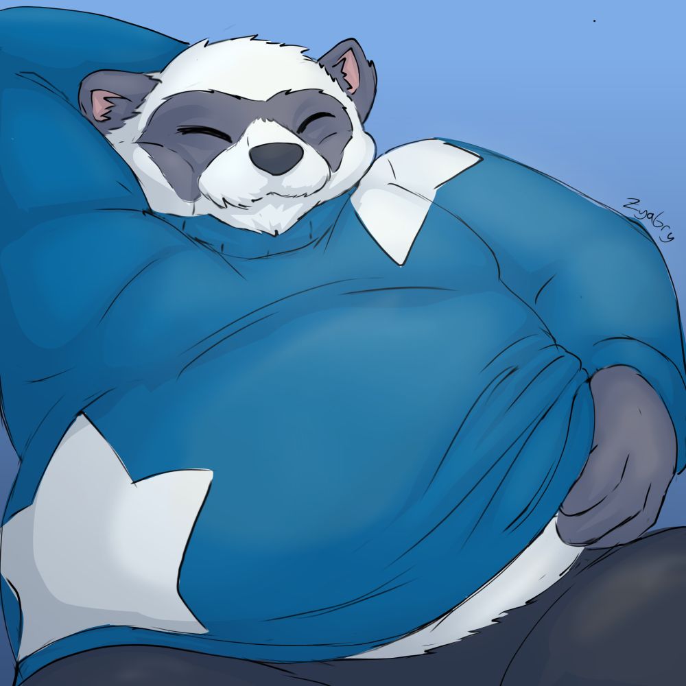 An anthropomorphic giant panda wearing dark grey sweatpants with a blue sweater with white stars on it is shown to be sitting while leaning a bit to his right as he rests his right hand behind his head and scratches his belly with his other hand, lifting his sweater a bit in the process.

He's shown to have his eyes closed forming a happy expression in his face as he simply lies down there enjoying himself. The artist's signature in the form of the word "Zyabry" is found just above his left elbow.