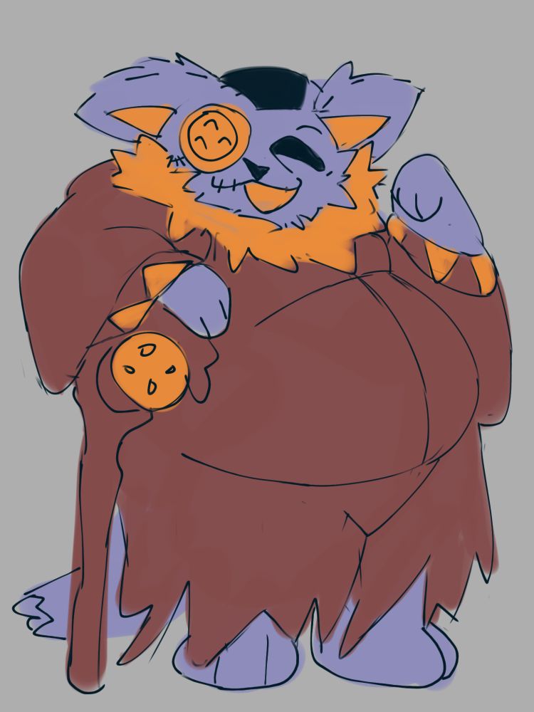 The anthropomorphic fat purple cat that is Seam from DELTARUNE standing up and looking at the viewer with a bit of a tired and yet cute expression while they rest their right arm on their cane and are making a shy "hi" gesture with their other arm