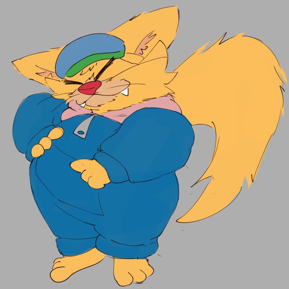 A chubby version of the anthropomorphic yellow red nosed cat who wears a blue jumpsuit and some googles that is Spitz from the WarioWare series looking and pointing at something off screen while he rests his right hand on his belly and tils his head a bit to the right 