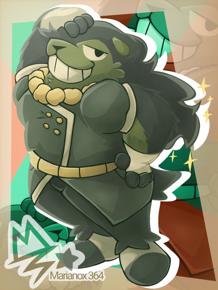 A big green anthropomorphic dog wearing a green coat with white fingerless gloves, a yellow necklace thingie, yellow belt and white and dark green shoes is shown to be posing in a rather glamorous way as he keeps his left hand resting on his hip and his other one on his head as he smiles to the viewer with a proud smirk as his hair flows to his left leaving some sparkles behind 