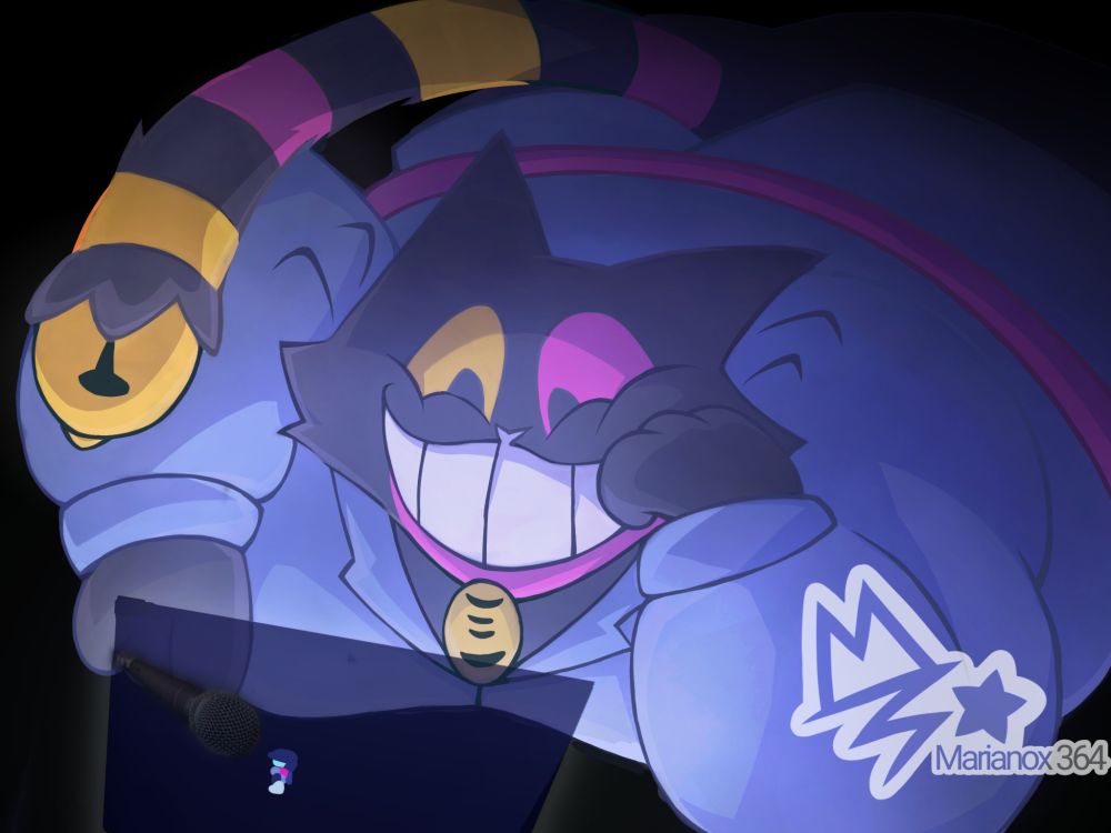 An anthropomorphic fat black cat with yellow and pink eyes, a blue attire and a tail with a bell lying down in a black void as he mischievously looks down at what seems to be the DELTARUNE game where he is manipulating a realistic PNG of a microphone to make it appear in front of Kris Dreemurr 