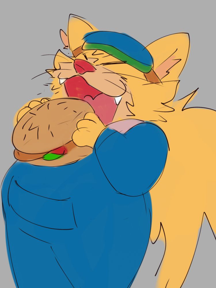 A chunky version of the anthropomorphic yellow cat that wears a blue jumpsuit and a pair of goggles that is Spitz from the WarioWare series has found himself about to bite a delicious hamburger with pleasure 