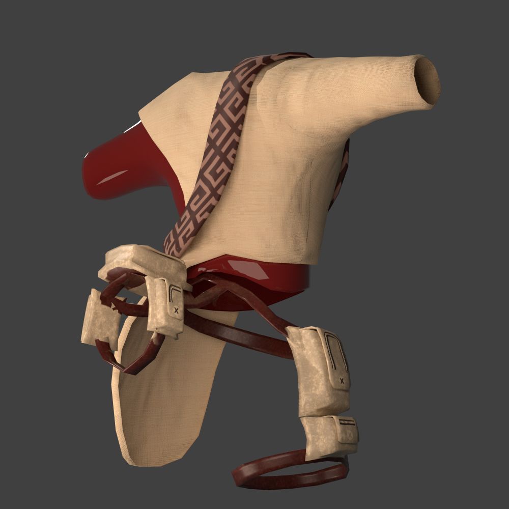 A back render of some warm styled clothing. A inner piece of a red "sintex" inner shirt, overlayed by a cotton robe. A strap goes over the right shoulder.

A tail bag is shown going over the right leg and tail.