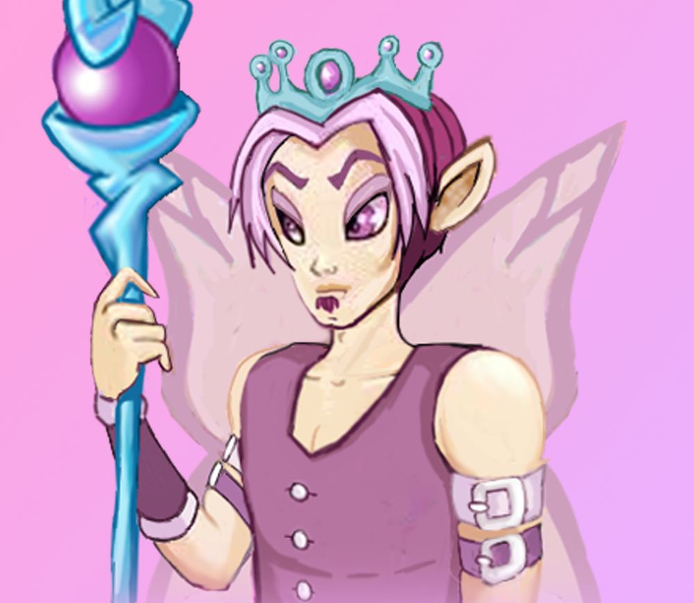 A fairy with short pink hair, purple eyes, and pointed ears wears a small crown, holding a staff with a purple orb. The background is light pink.