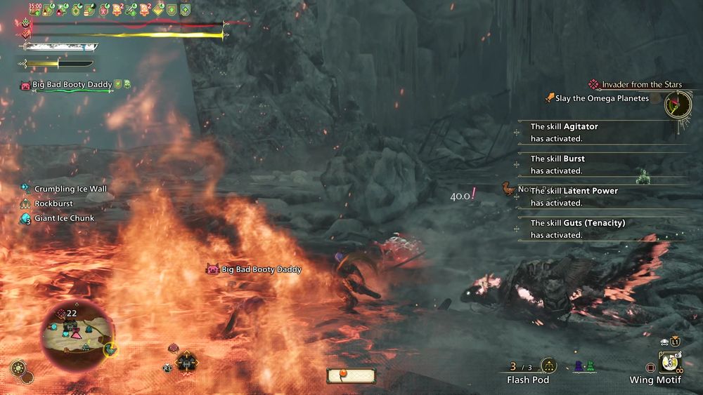 A swcreenshot of Monster Hunter Wilds
In the UI we can see that I have no health left, and that I just activated my Guts (Tenacity) Skill which saves me from a lethal hit once. This activating means I just took that hit, putting me at 1 HP. So anything that damages me will kill me now.

On the actual playing field, the right half is filled with fire, which would kill me now if touched, in the center there's me, just at the edge of the fire, on the right, my Seikret is approaching at full speed to pick me up. It will not stop once I'm picked up, instead it will continue walking into the fire, killing me instantly. Also this was my final faint for this quest. rip