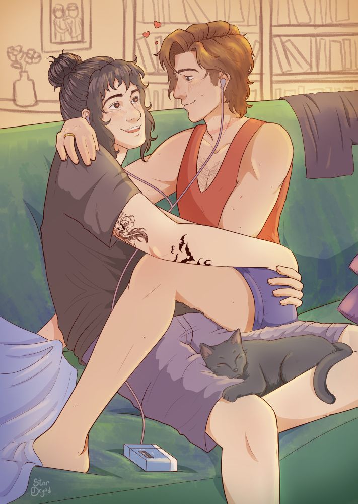 digital art of Steve and Eddie sitting together on a turquoise sofa, Steve is on eddie's lap and they're sharing earphones. A black cat is sleeping on Eddie's legs.