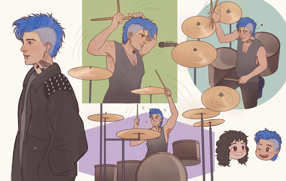 Digital doodles of Steve Harrington but with a punk style. He as an electric blue mohawk, piercings and black clothes. There's various doodles of him playing drums and one chibi of him and Eddie looking lovingly to each other.
