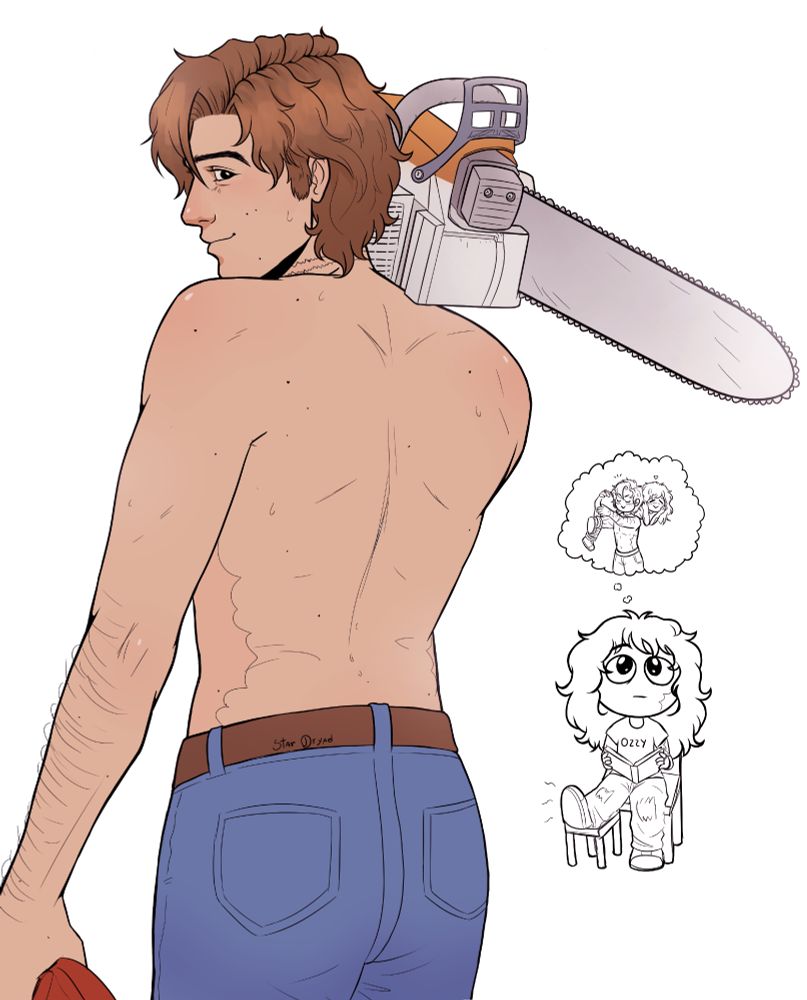 digital art of a shirtless steve harrington carrying a chainsaw over his shoulder while eddie's sitting on a chair daydreaming about him. Eddie hurt his foot so he's resting it on another stool.