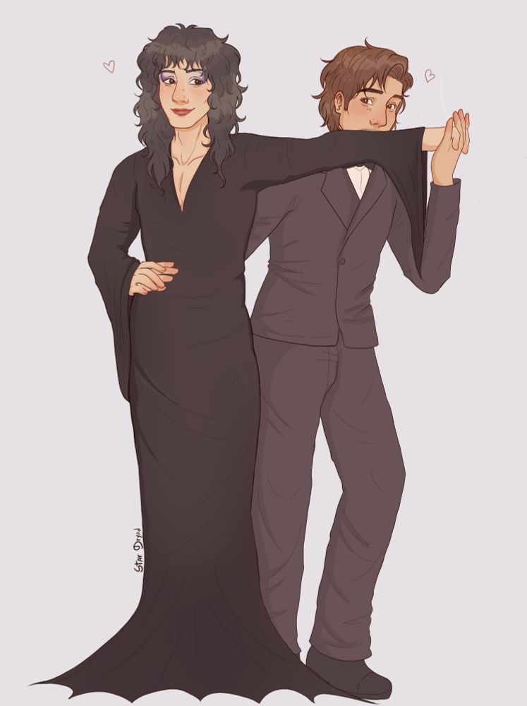 digital art of eddie dressed as morticia and steve dressed as gomez. They're doing the iconic scene where gomez kisses morticia's arm.