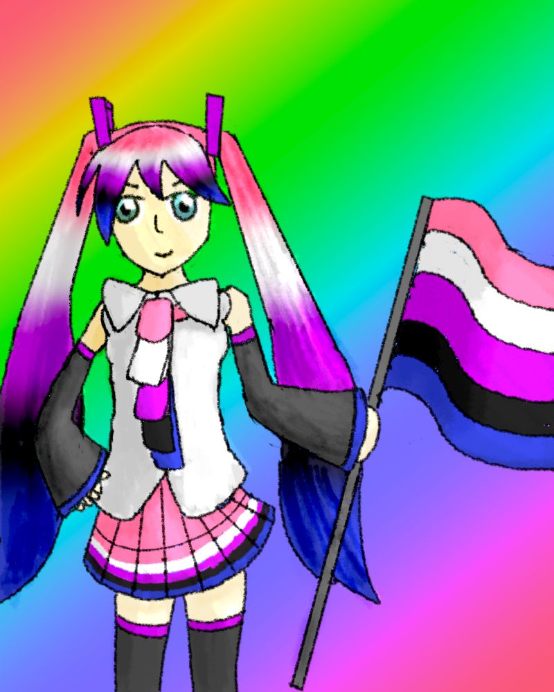 Hatsune Miku holding a pride flag, colored to match the flag (genderfluid, pink white dark pink black and blue)