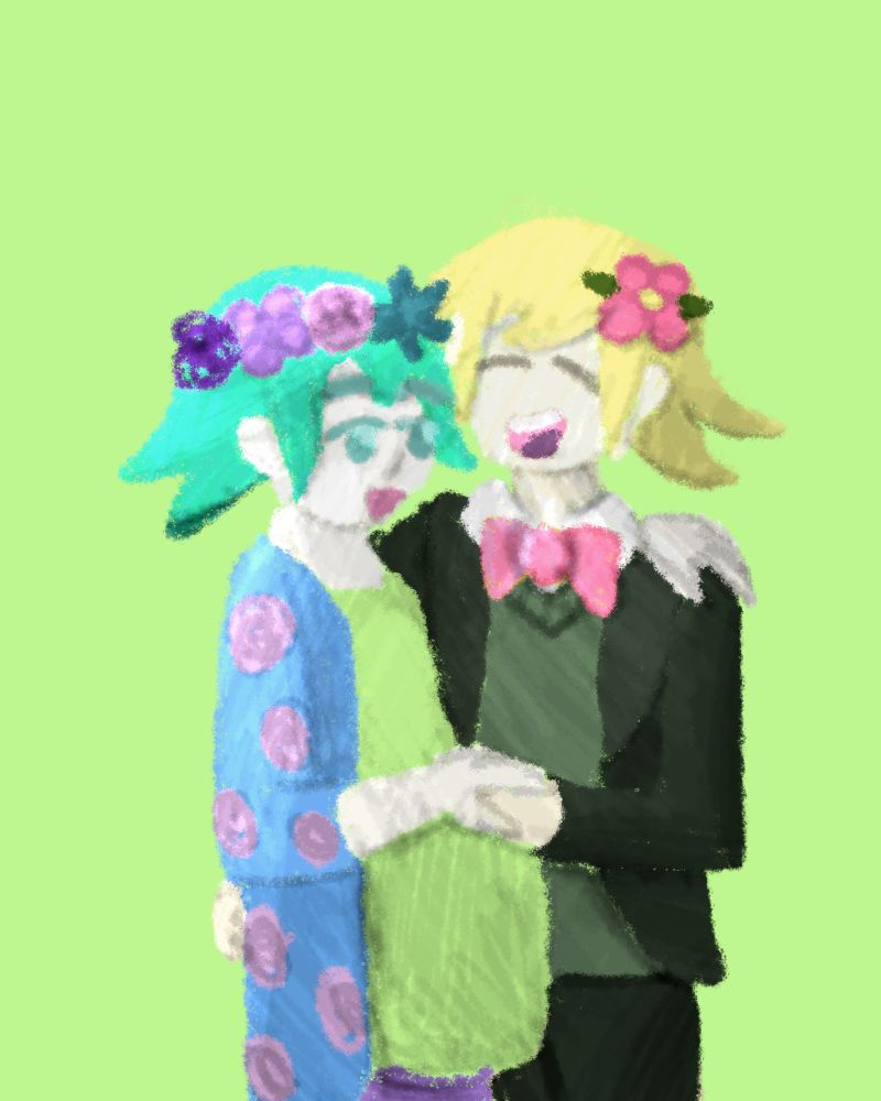 Another digital art of two basils from omori, embracing. On the left is pregnant dream world basil with a flower crown, teal hair blue eyes , a lime shirt, a blue shawl with pink flower pattern, resting his hand on his belly with real world basil's hand. Real world basil on the right has a big smile, blonde hair, red flower in hair, a pink bowtie, dark green vest with darker green suit and pants.