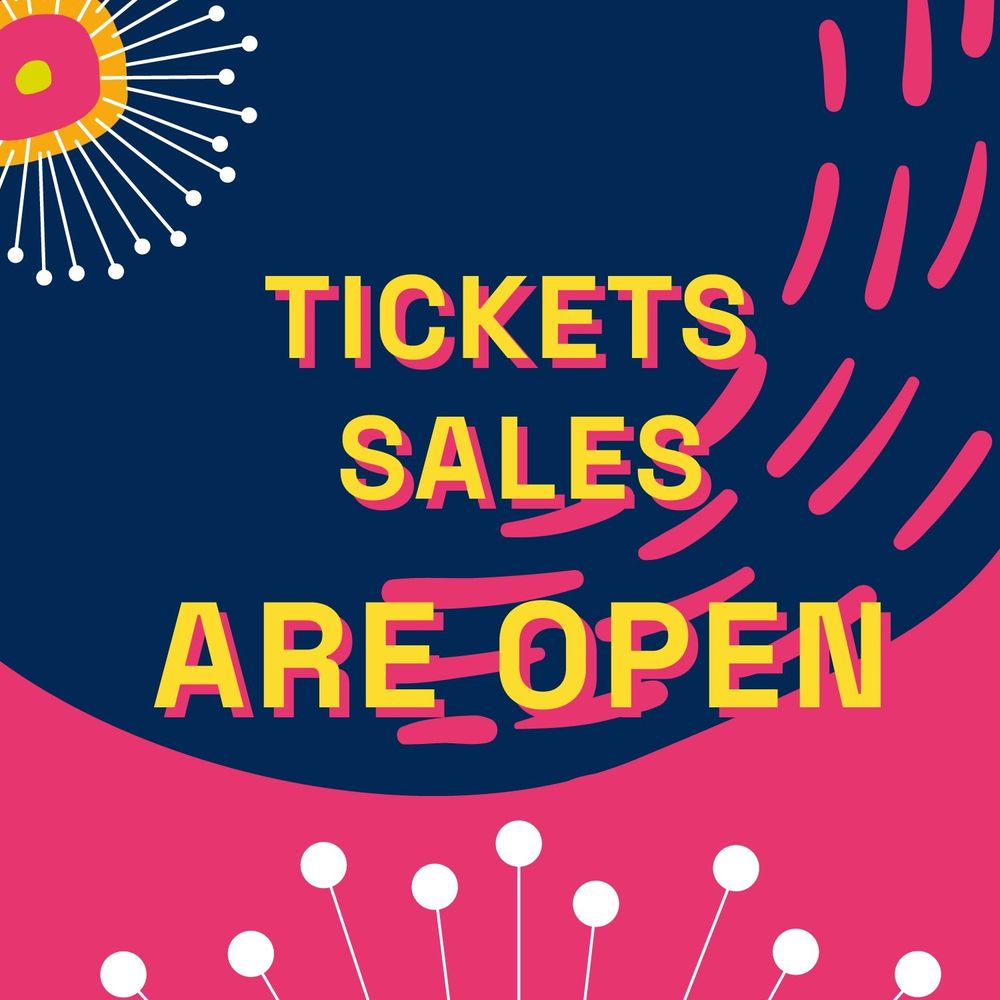"Ticket sales are open" in bold yellow text over a link and navy background