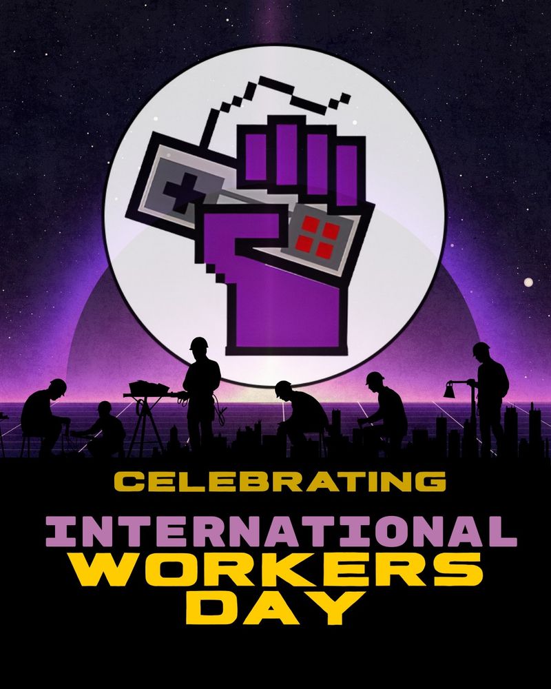 The GPM logo on a starry, purple, digital-looking background with the silhouettes of working people in the foreground. The text at the bottom of the image says "Celebrating International Workers Day"