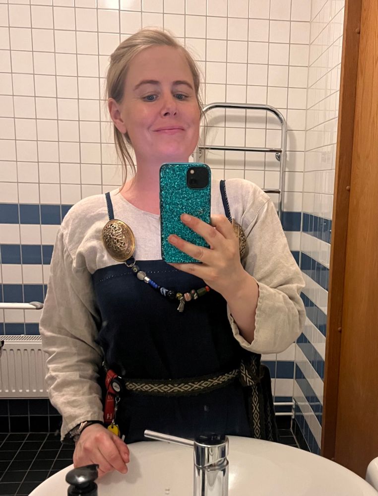 Spegelselfie på toalett. Jag är klädd i vikingakläder med tillhörande smycken.