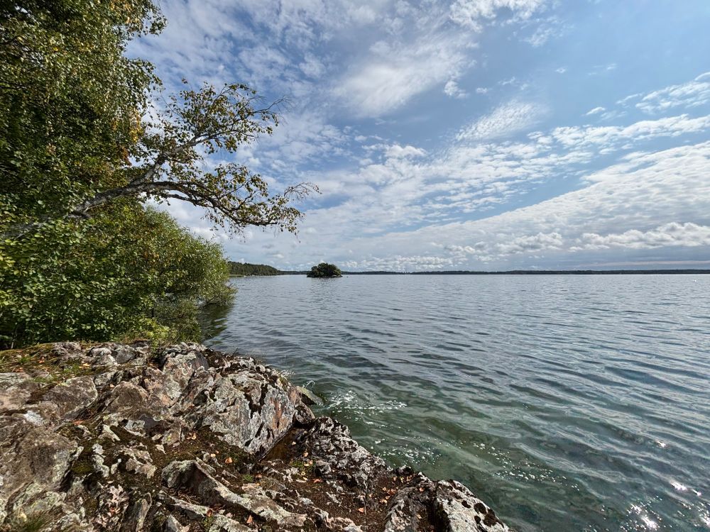 A lake, Erken, with a rocky outcrop in the foreground and trees to the left. 