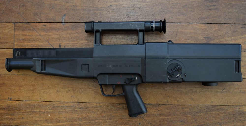 A picture of the Heckler & Koch G11, a prototype rifle from the cold war with a very unconventional, boxy form