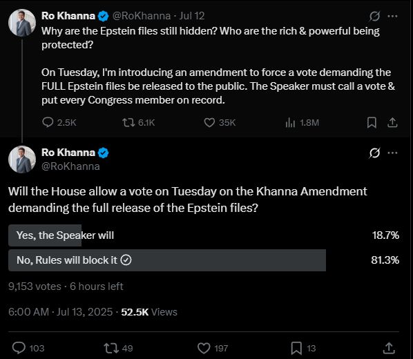 Why are the Epstein files still hidden? Who are the rich & powerful being protected?

On Tuesday, I'm introducing an amendment to force a vote demanding the FULL Epstein files be released to the public. The Speaker must call a vote & put every Congress member on record.

Will the House allow a vote on Tuesday on the Khanna Amendment demanding the full release of the Epstein files?