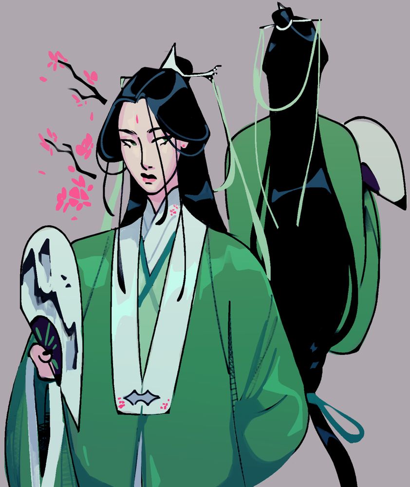 sketches of shen jiu from the waist up, both a front view and a back view. 