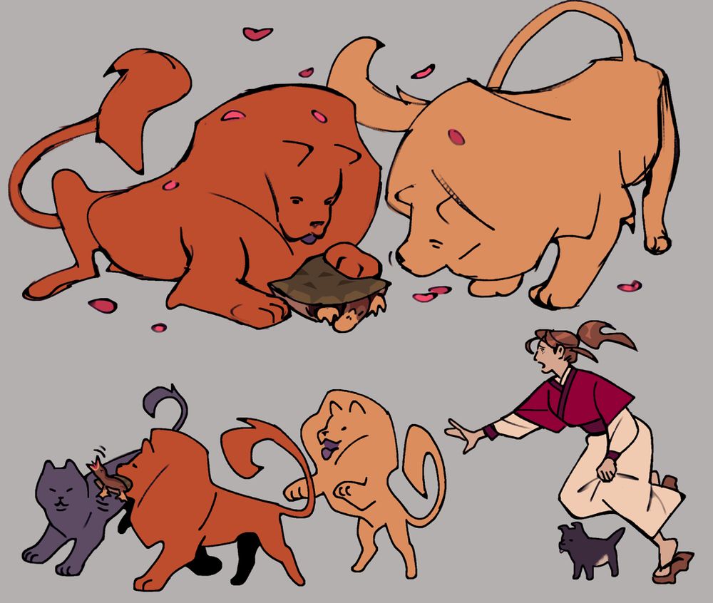 two drawing of the lion dogs, the top is two of them poking and sniffing at a turtle duck. the bottom is one dog walking proudly with the turtle duck quacking in his mouth while two other dogs bounce around him. A servant girl runs after them looking flustered while a lost looking puppy stands at her feet.