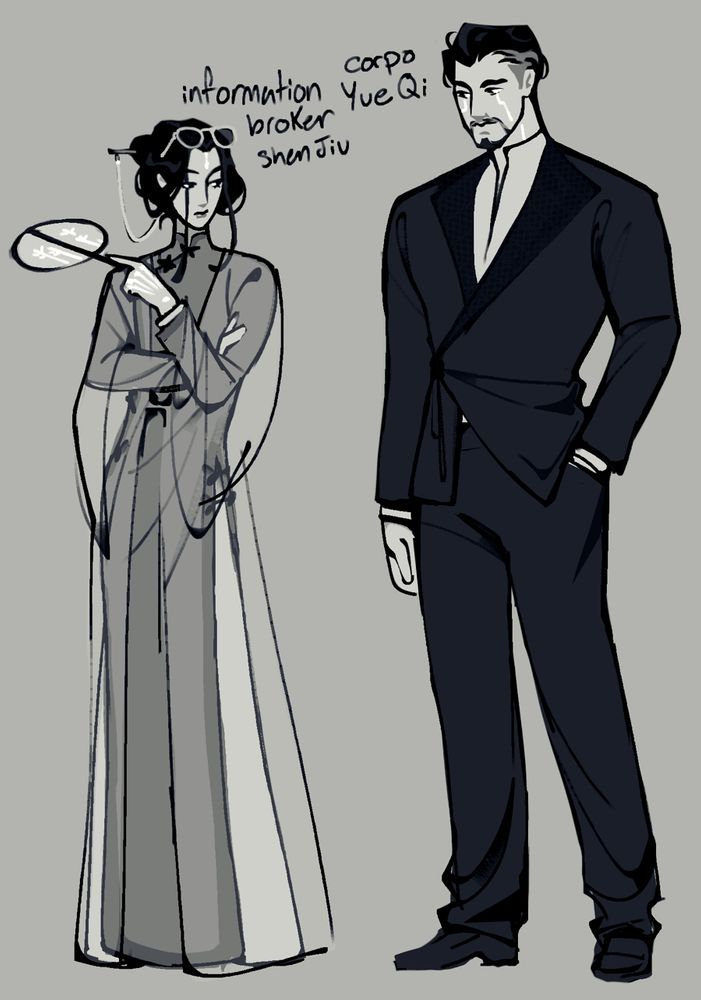 full body drawings of shen qingqiu and yue qingyuan from scum villain self saving system but in more modern clothes for what is supposed to be a cyperpunk 2077 au. Shen qingqiu is wearing a changshan and yue qingyuan is in a suit.