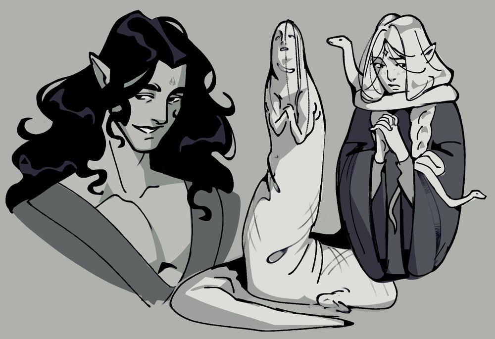 sketches of tianlang-jun and zhuzhi-lang (both as a person and his more monstrous form)