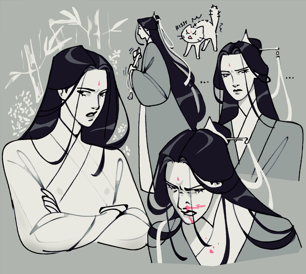 several sketches of shen qingqiu (shen jiu), mostly portraits of him scowling, with a little doodle of a hissing cat in the corner.